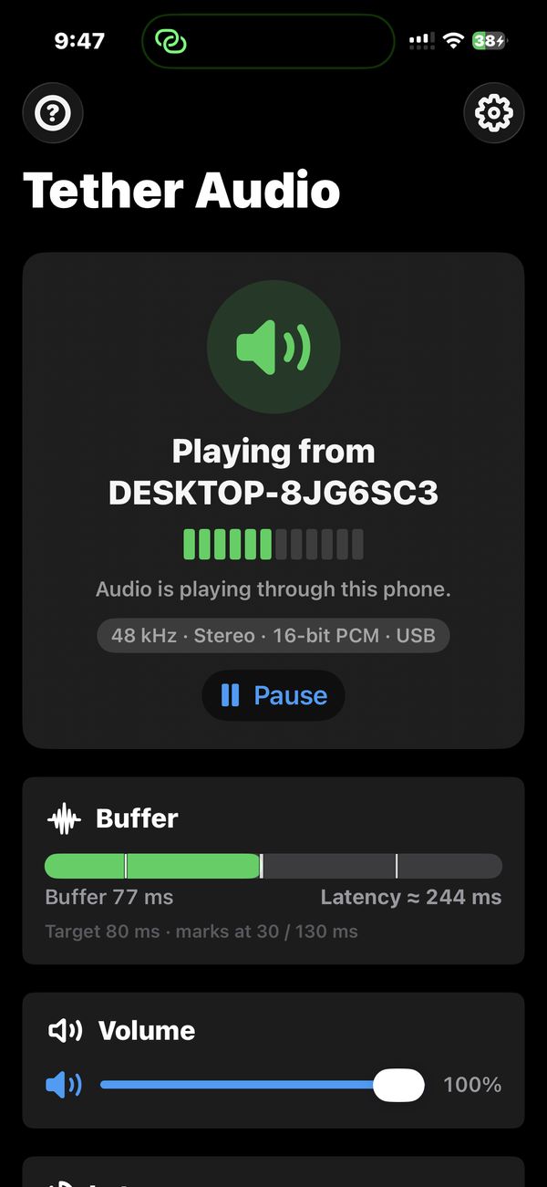 Tether Audio app on an iPhone streaming audio from a Windows PC over USB, showing the buffer meter and latency