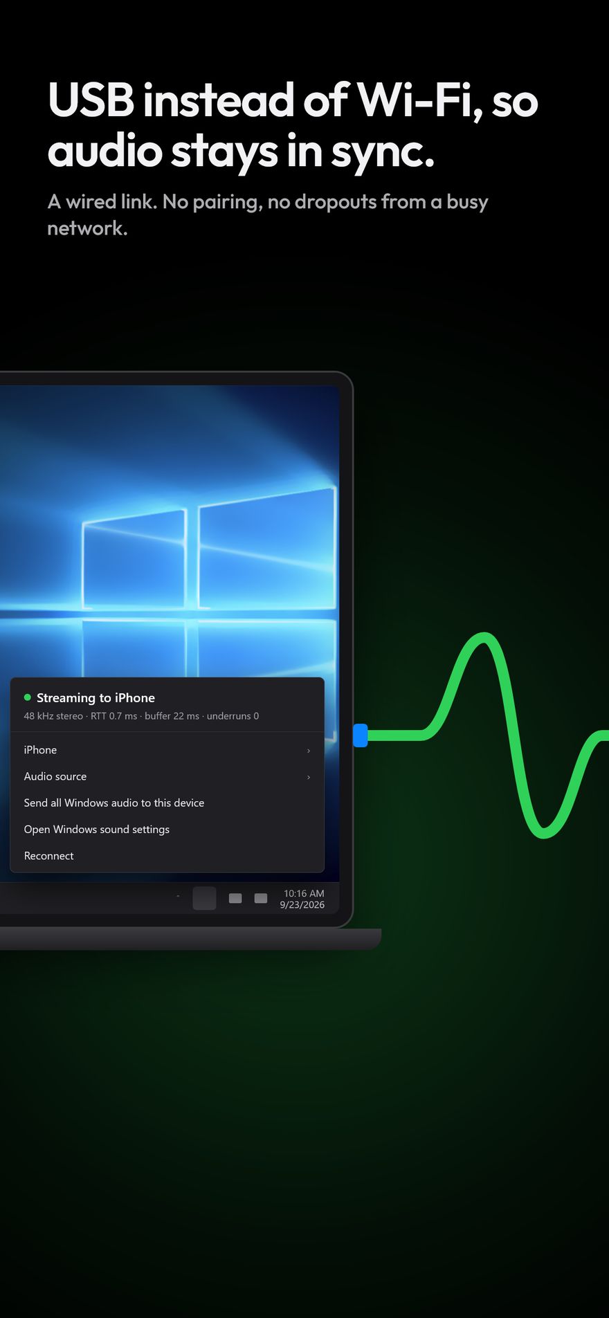 Tether Sender running on a Windows laptop next to an iPhone connected by USB